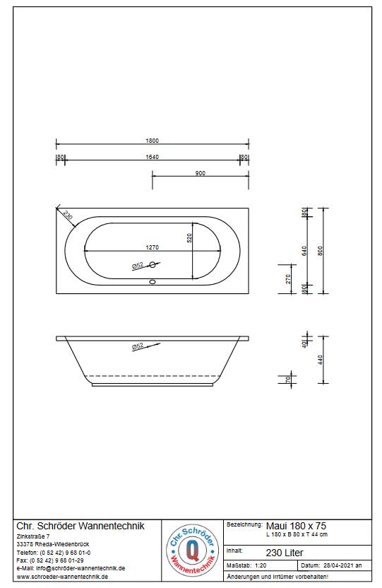 Schröder Rechteckbadewanne Maui 180x80x44 cm weiß
