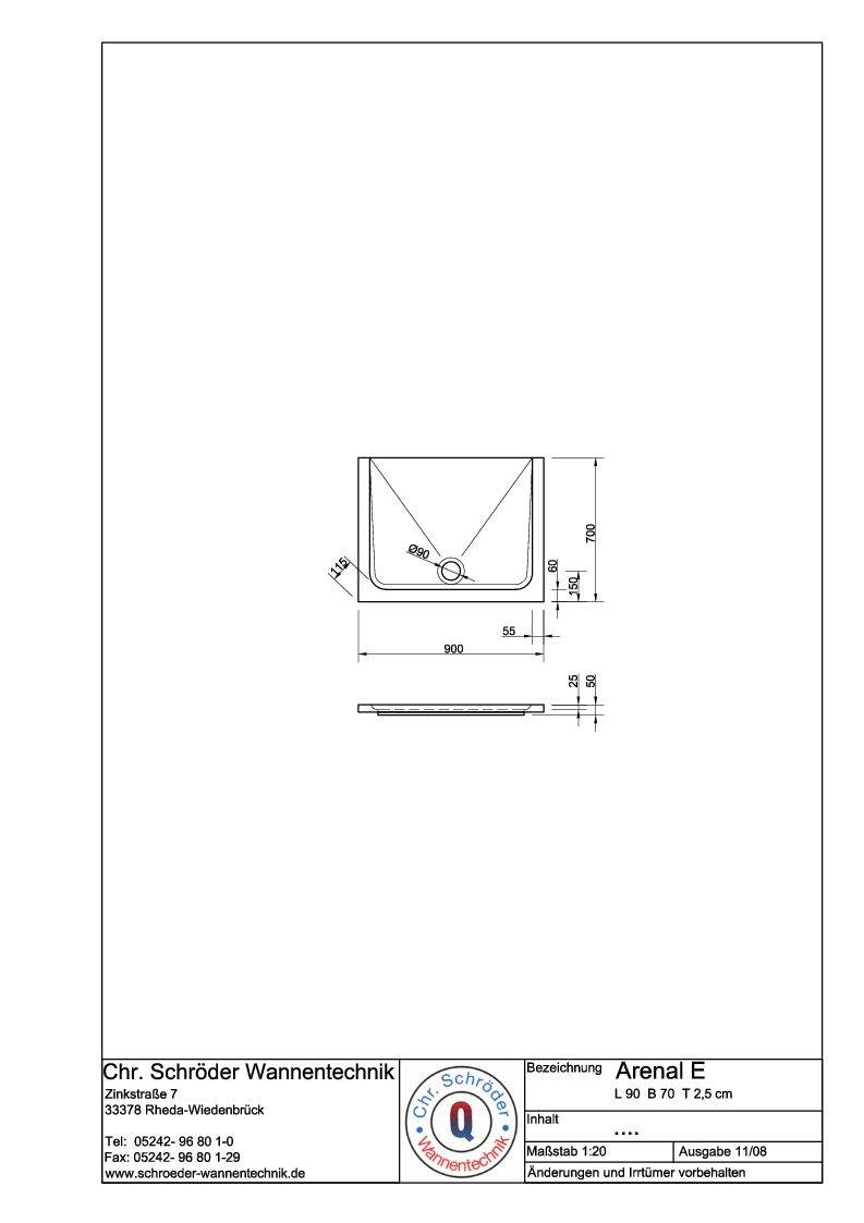 Schröder Rechteck Duschwanne Arenal E 90x70x2,5 cm weiß