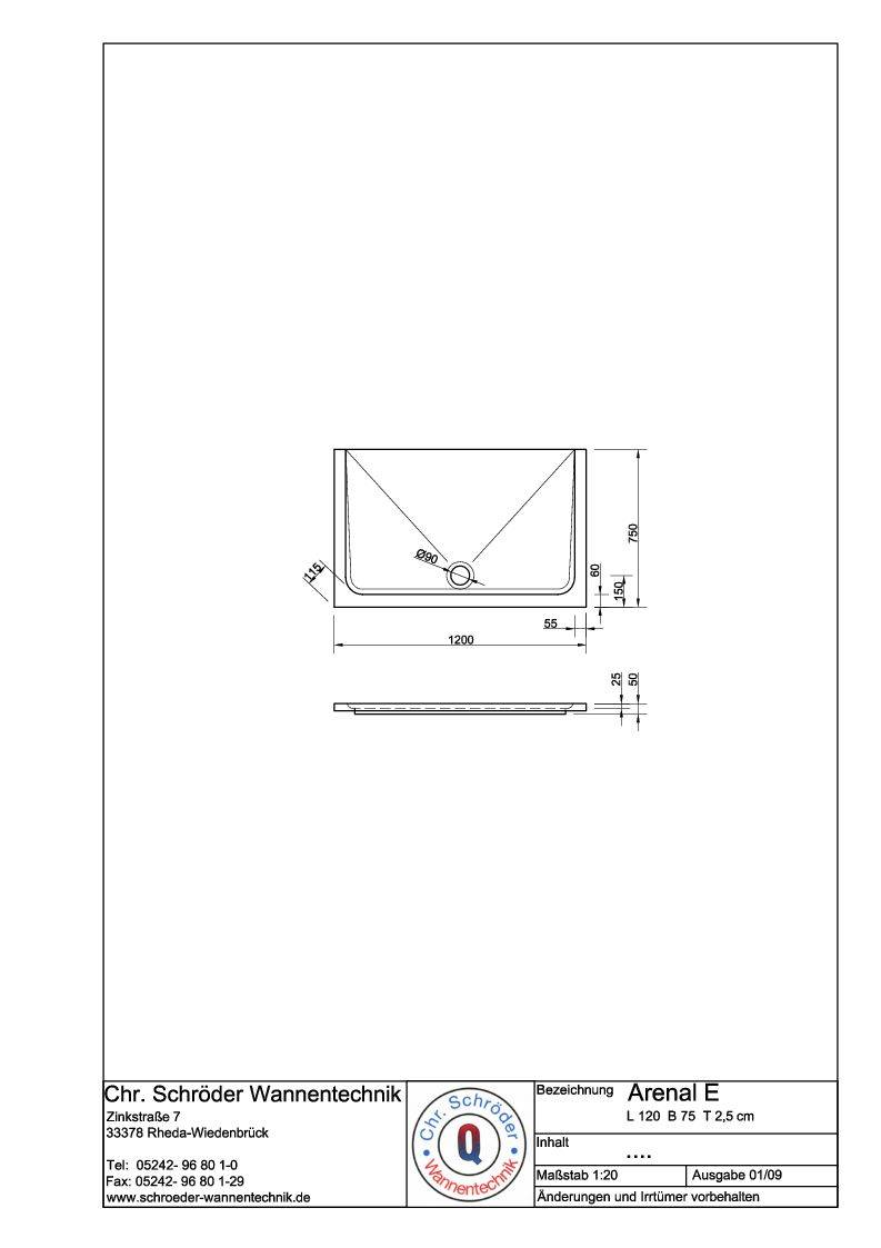 Schröder Rechteck Duschwanne Arenal E 120x75x2,5 cm weiß