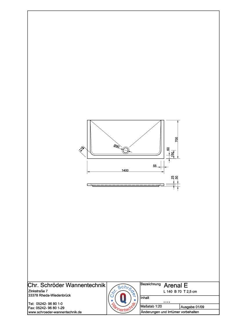 Schröder Rechteck Duschwanne Arenal E 140x70x2,5 cm weiß