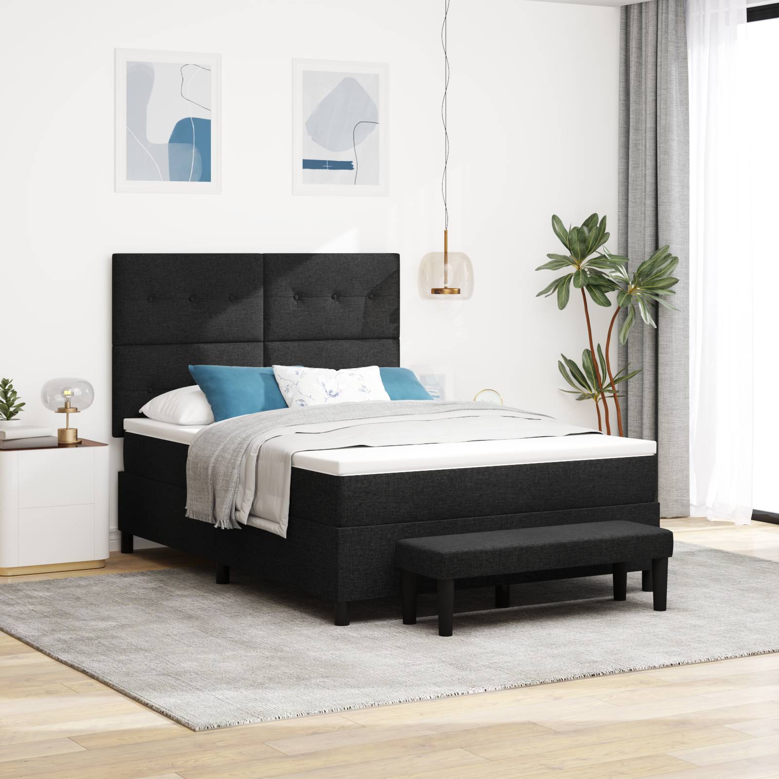 vidaXL Boxspringbett mit Matratze & Bank Schwarz 140x190 cm Stoff