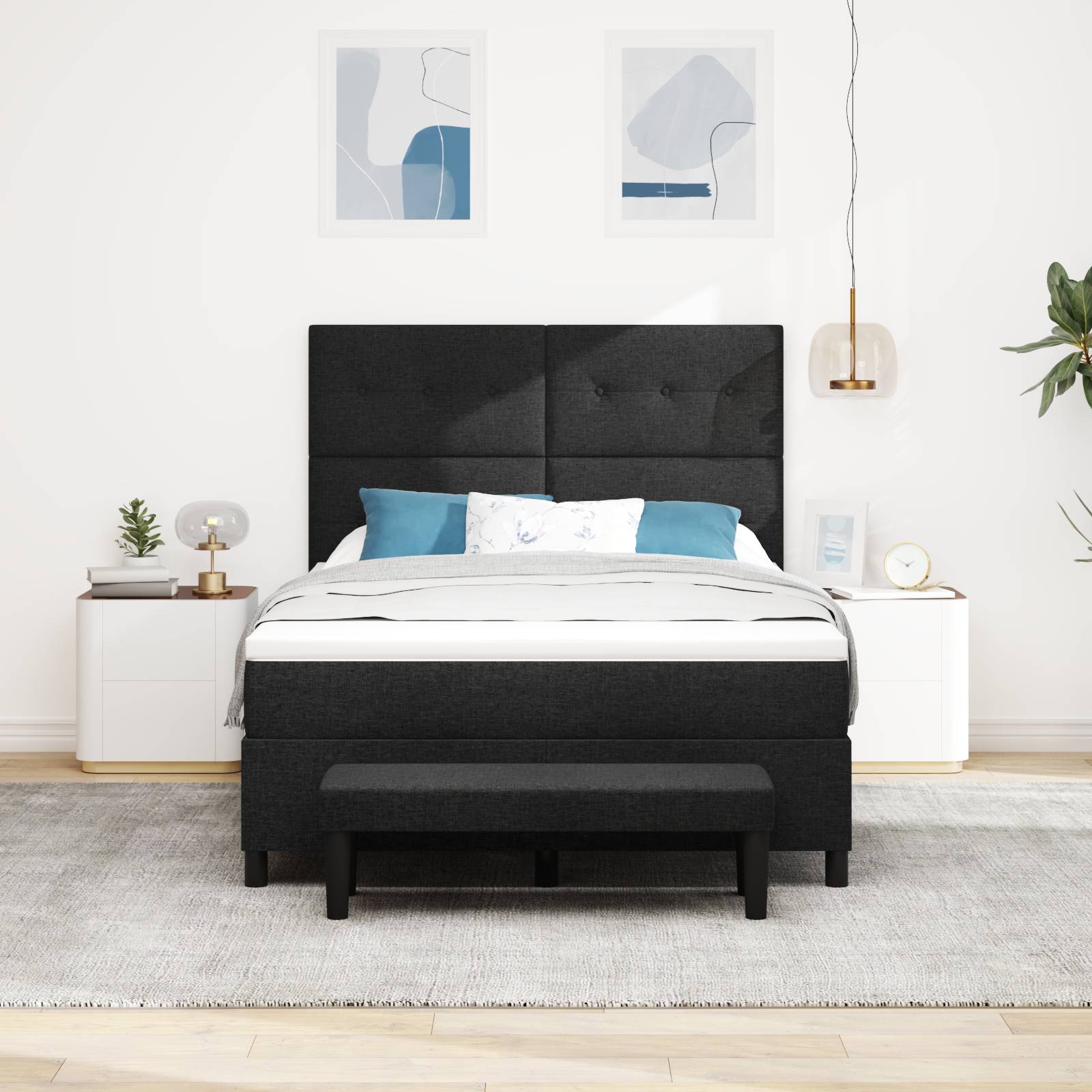 vidaXL Boxspringbett mit Matratze & Bank Schwarz 140x190 cm Stoff