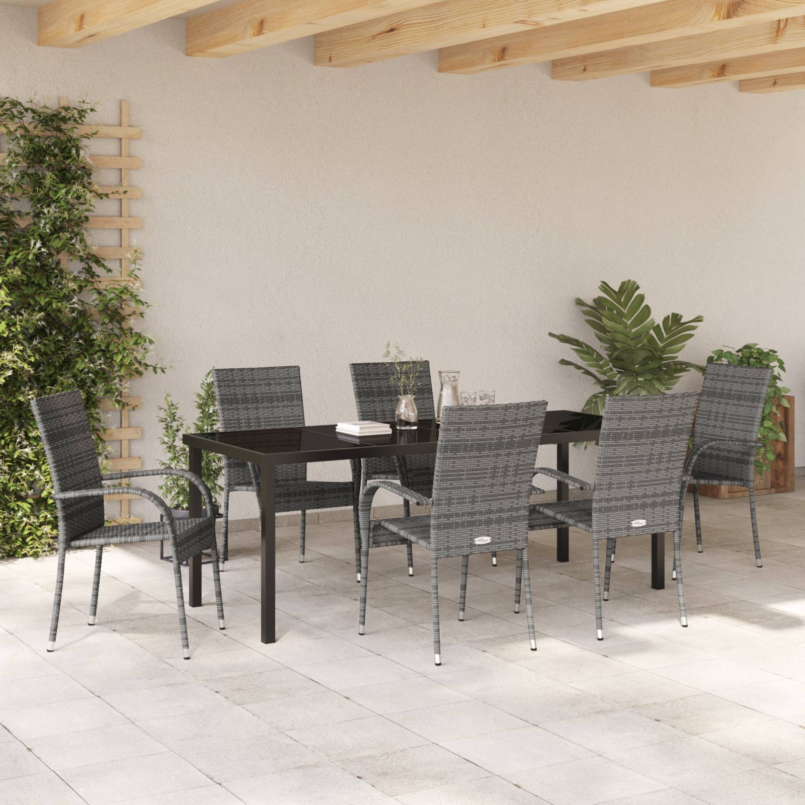 vidaXL 7-teiliges Garten-Dinner-Set aus grauem Poly-Rattan