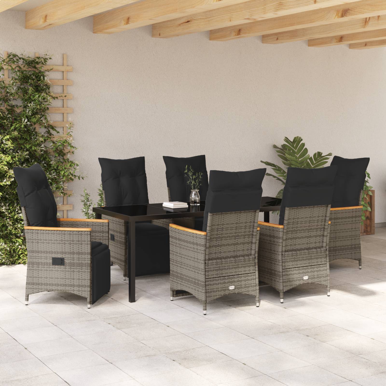 vidaXL Gartentisch-Set 7-teilig mit Kissen Grau Poly-Rattan