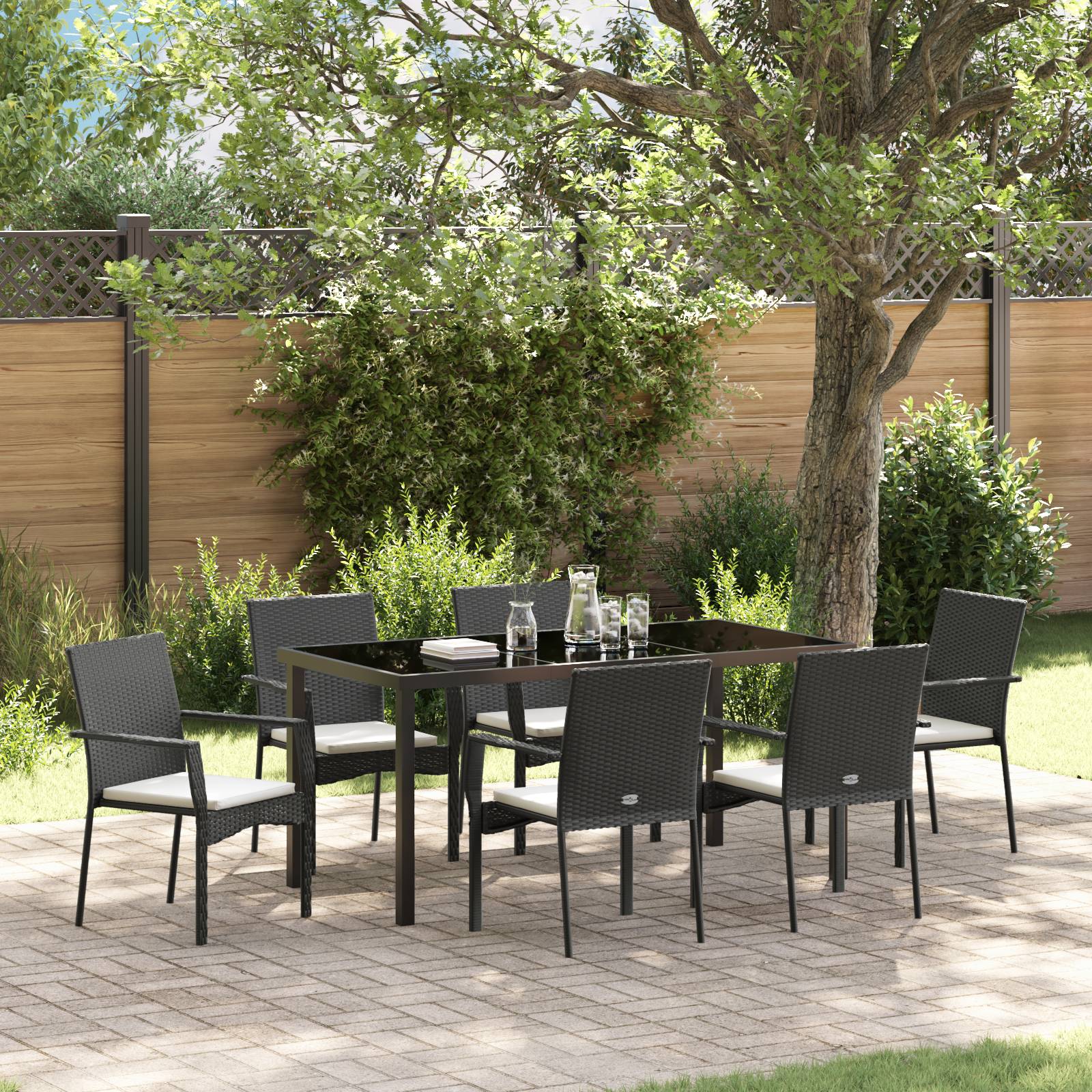 vidaXL 7-teiliges Garten-Esszimmer Set mit Kissen, schwarzes Poly-Rattan