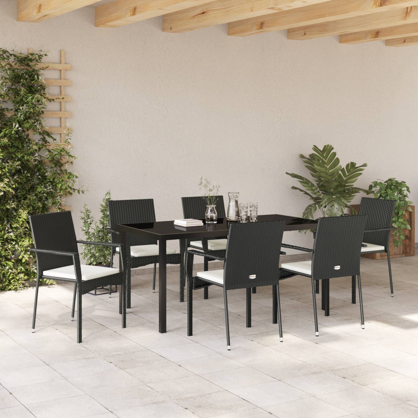 vidaXL 7-teiliges Garten-Esszimmer Set mit Kissen, schwarzes Poly-Rattan