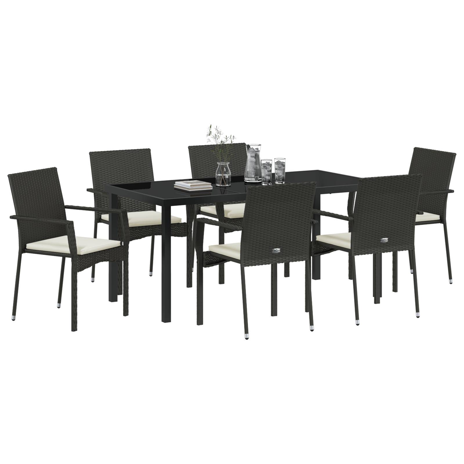 vidaXL 7-teiliges Garten-Esszimmer Set mit Kissen, schwarzes Poly-Rattan