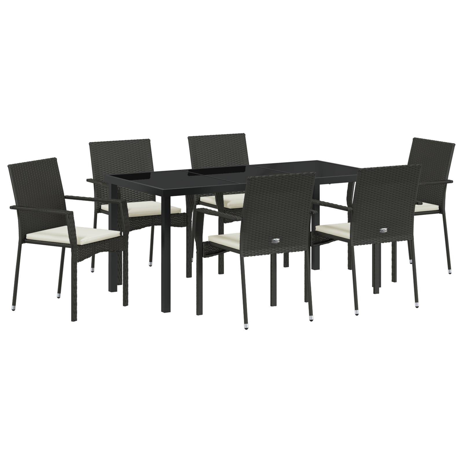 vidaXL 7-teiliges Garten-Esszimmer Set mit Kissen, schwarzes Poly-Rattan