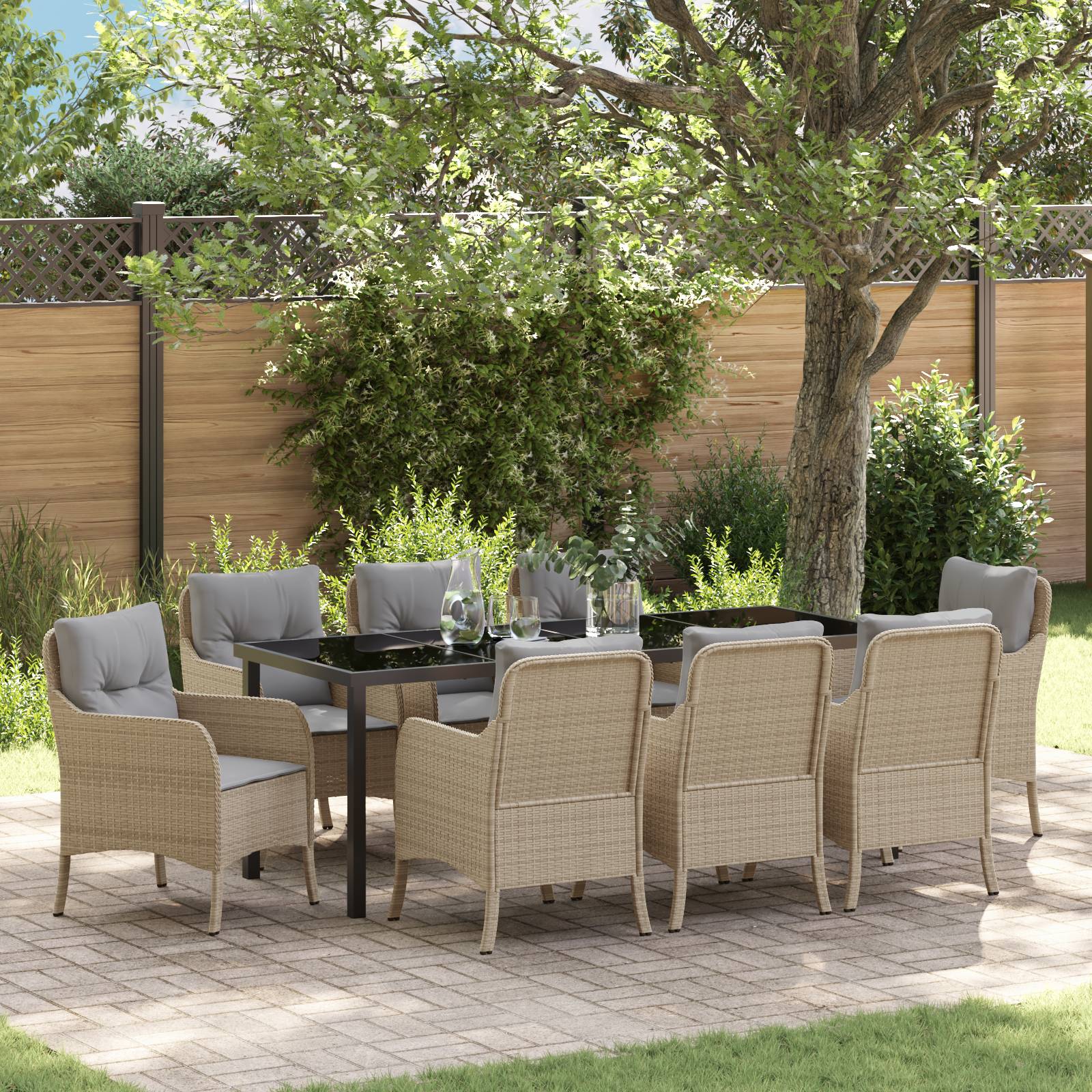 vidaXL 9-teiliges Gartendining-Set mit Kissen Beige Poly-Rattan