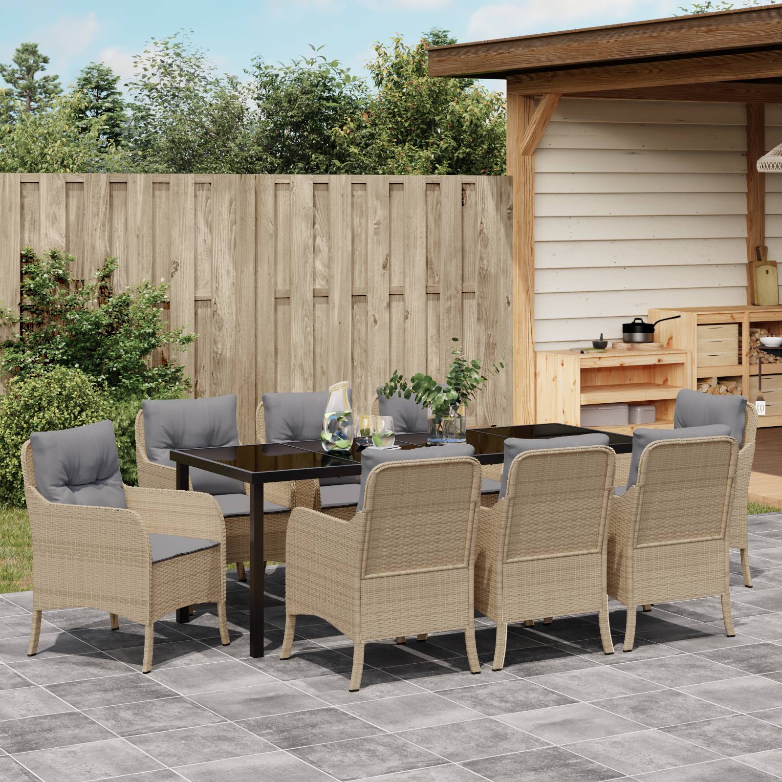 vidaXL 9-teiliges Gartendining-Set mit Kissen Beige Poly-Rattan