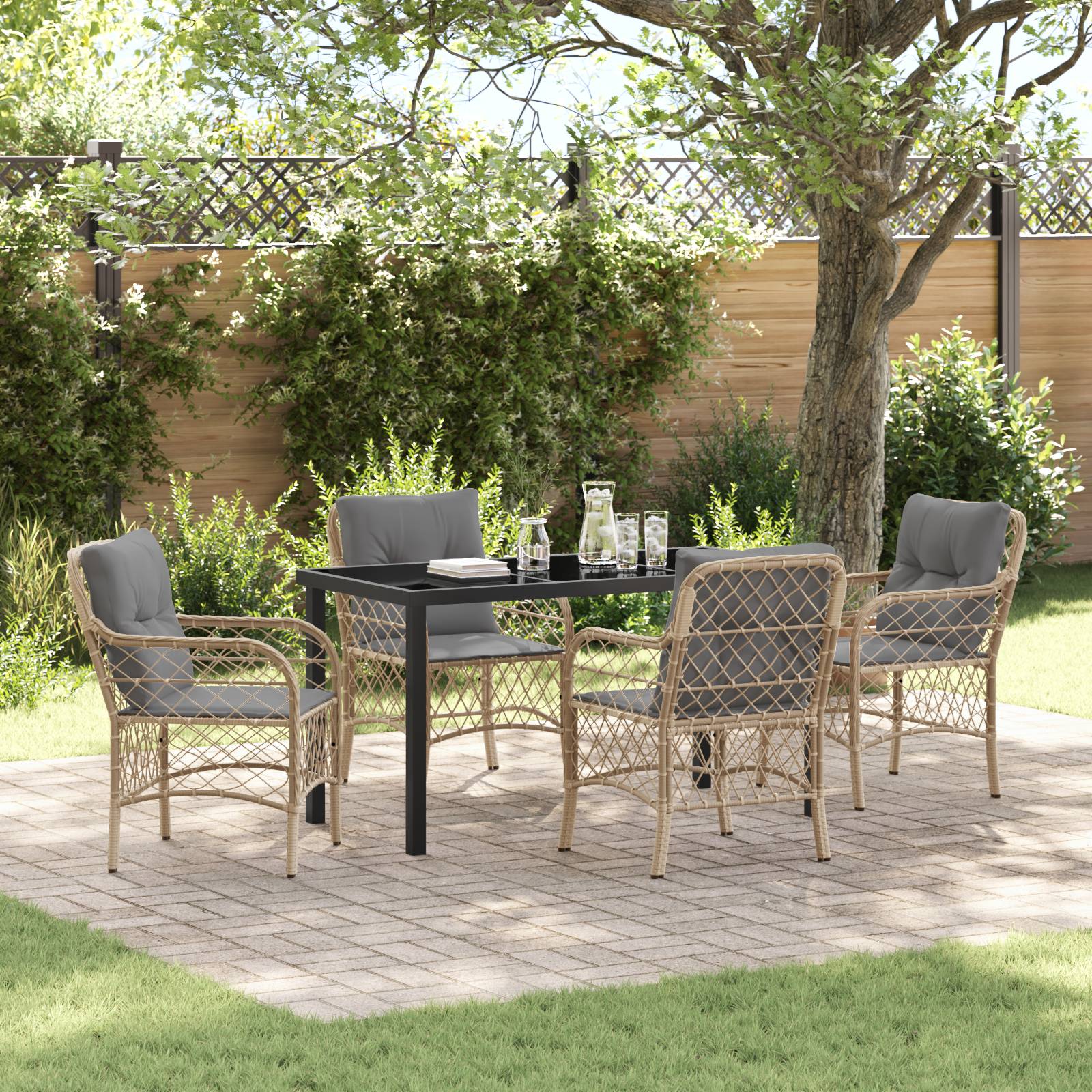 vidaXL 5-teiliges Garten-Essgruppen-Set mit Kissen Beige Poly Rattan