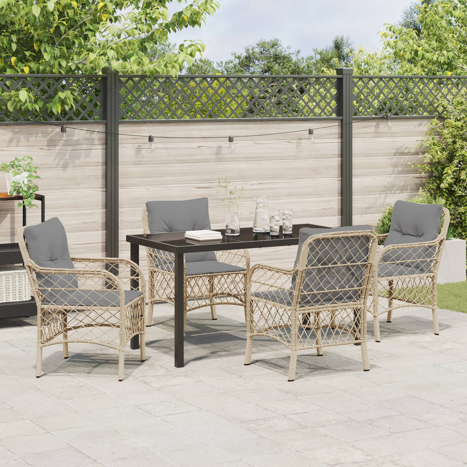vidaXL 5-teiliges Garten-Essgruppen-Set mit Kissen Beige Poly Rattan