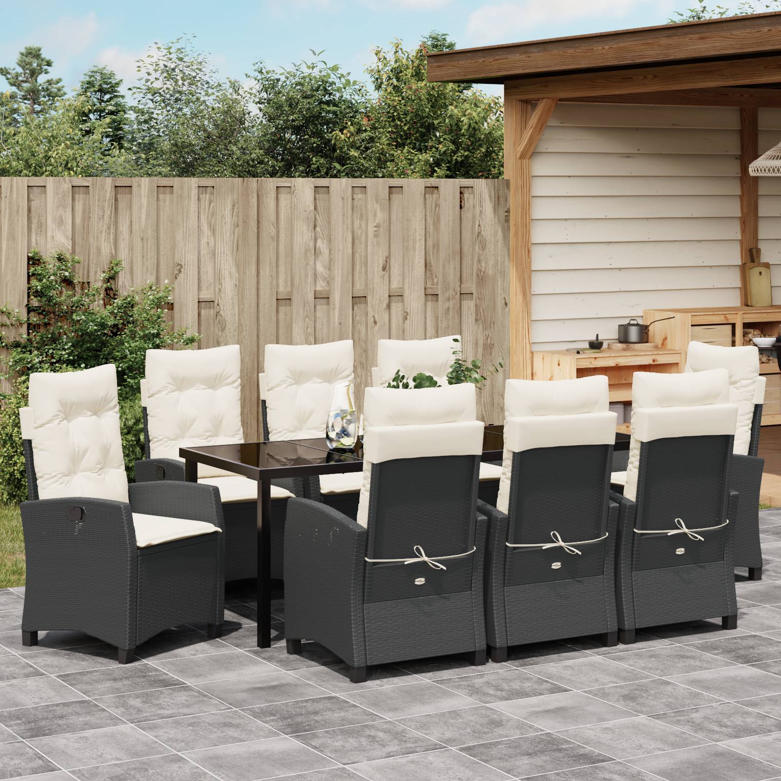 vidaXL 9-teiliges Garten-Ess-Set mit Kissen - Schwarzes Poly-Rattan