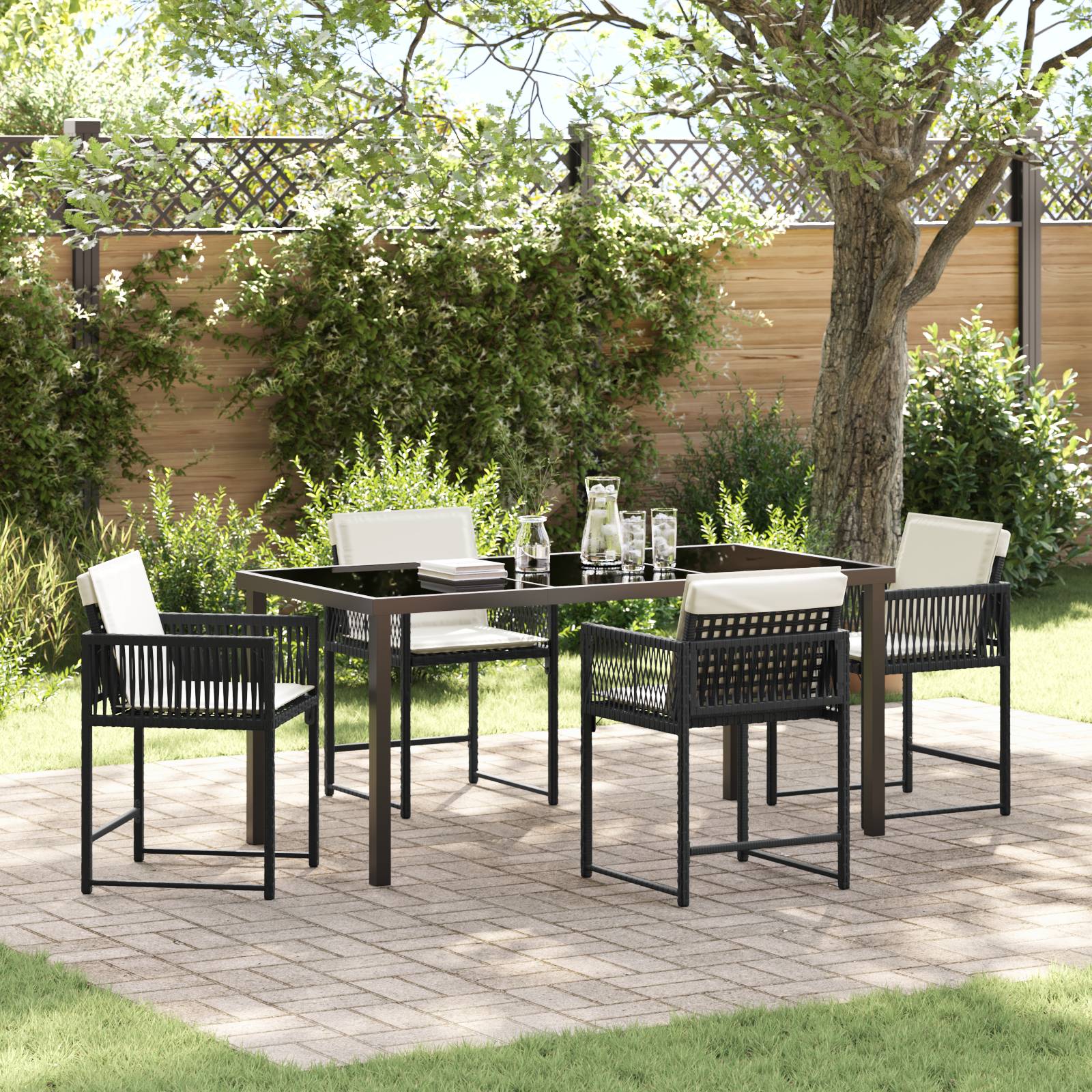 vidaXL 5-tlg. Garten-Essgruppe mit Kissen Schwarz Poly Rattan