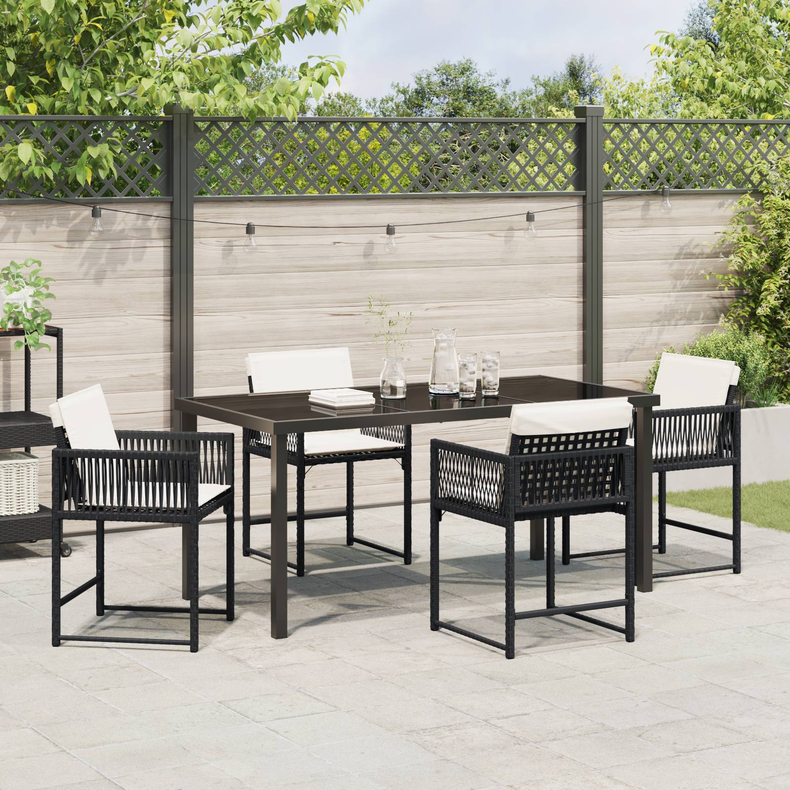 vidaXL 5-tlg. Garten-Essgruppe mit Kissen Schwarz Poly Rattan