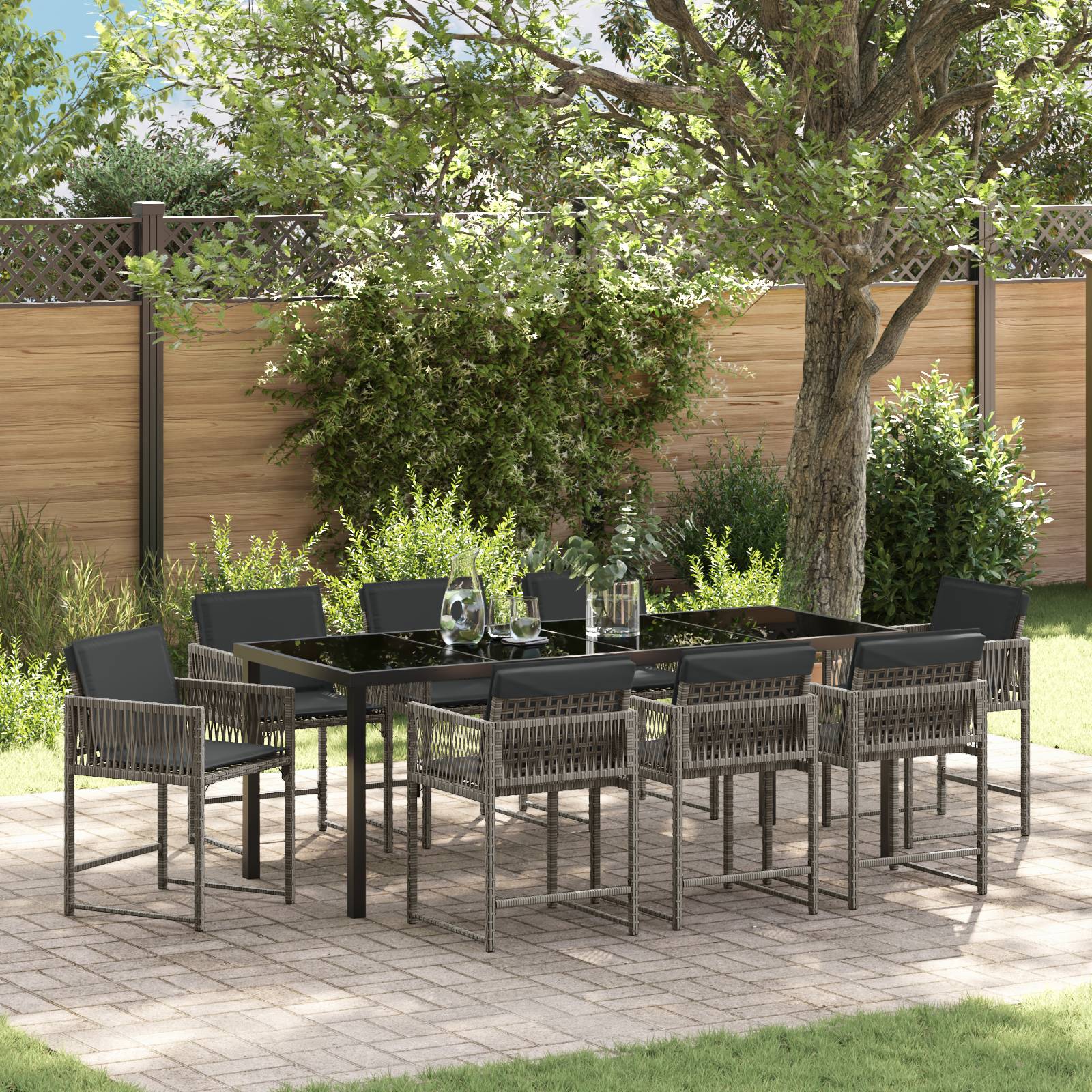 vidaXL 9-tlg. Garten-Essgruppe mit Kissen Grau Poly Rattan