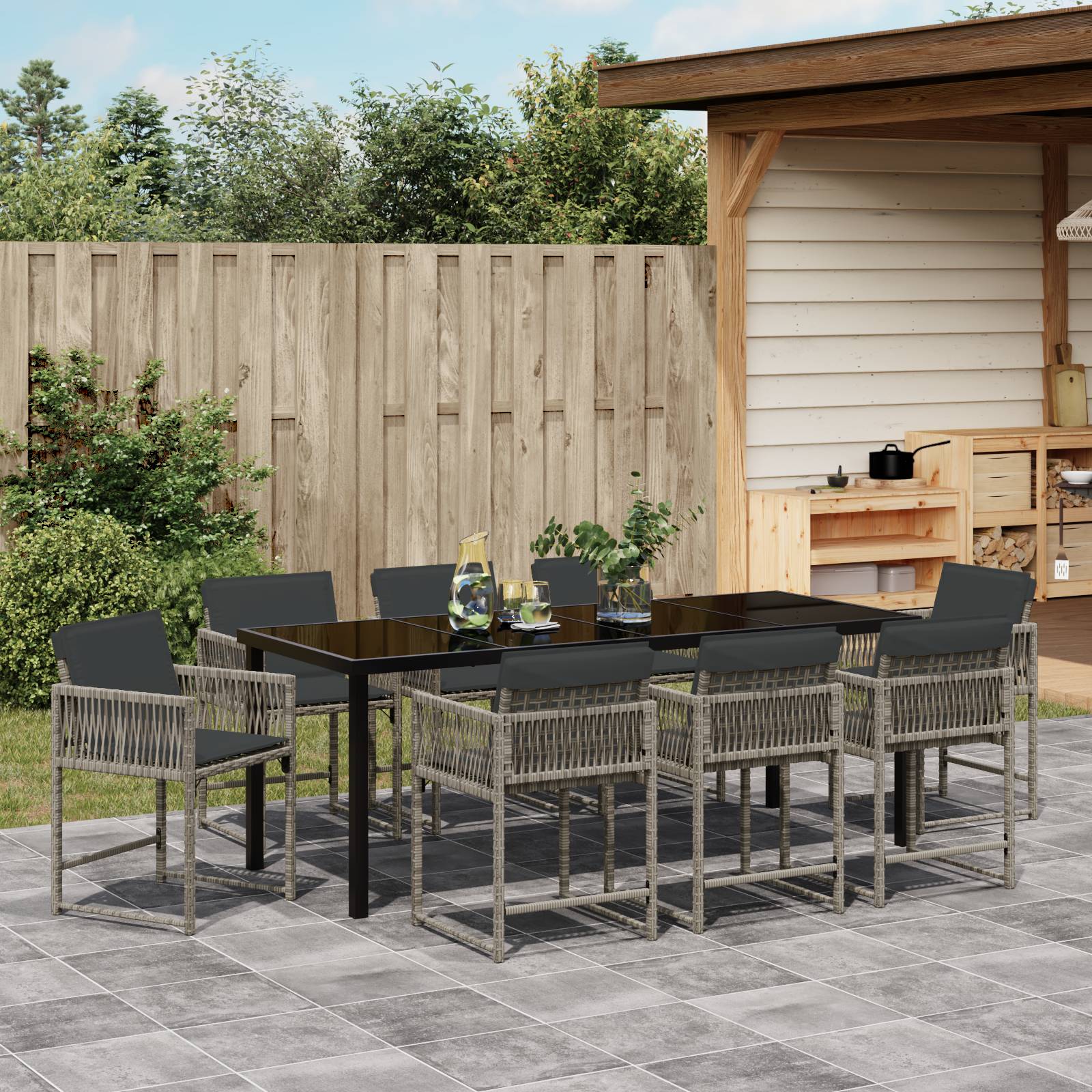vidaXL 9-tlg. Garten-Essgruppe mit Kissen Grau Poly Rattan