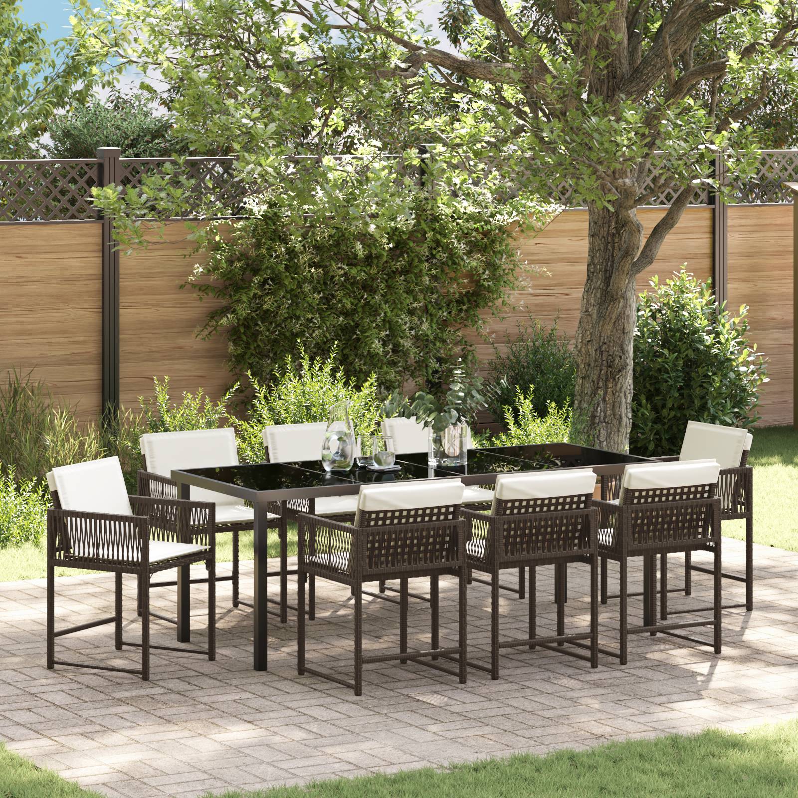 vidaXL 9-tlg. Garten-Essgruppe mit Kissen Braun Poly Rattan