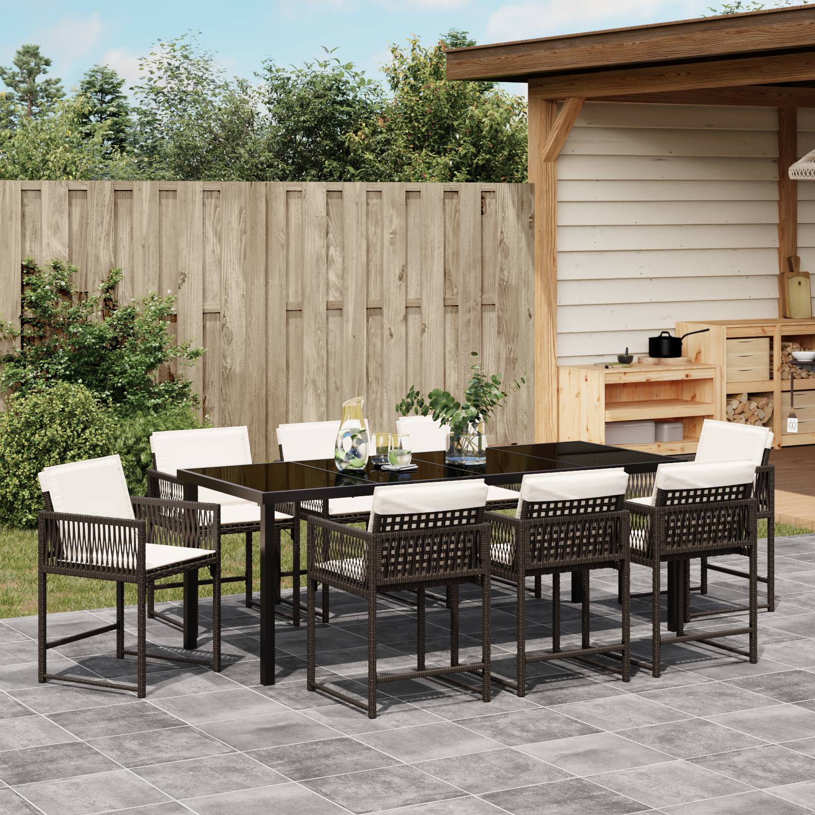 vidaXL 9-tlg. Garten-Essgruppe mit Kissen Braun Poly Rattan