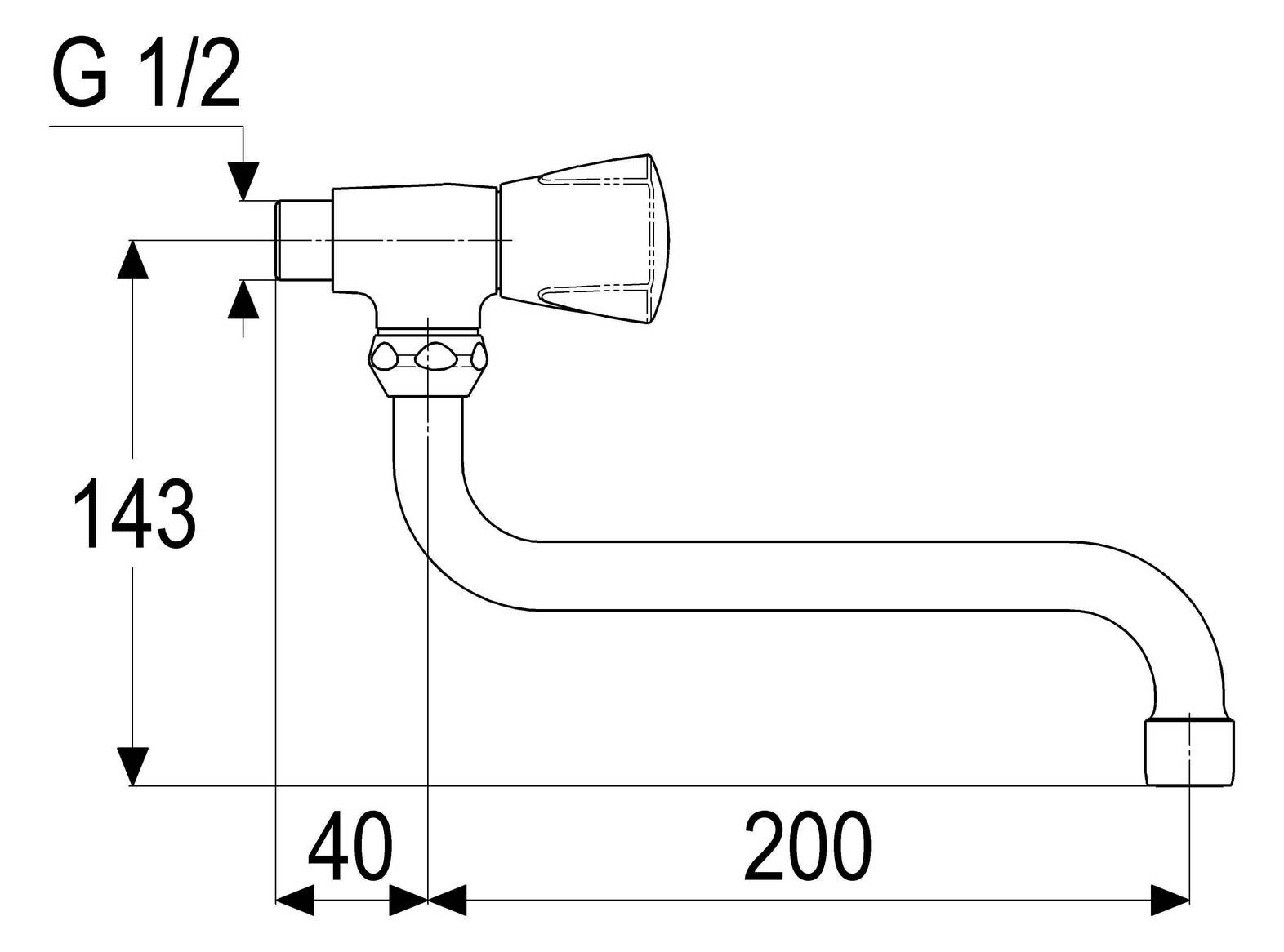 Wandschwenkventil Serie classic-line_2 mit Classic-line Griff kalt, schwenkbarem S-Rohrauslauf, Ausladung 200 mm, Tiefe bis Strahlregler 143 mm