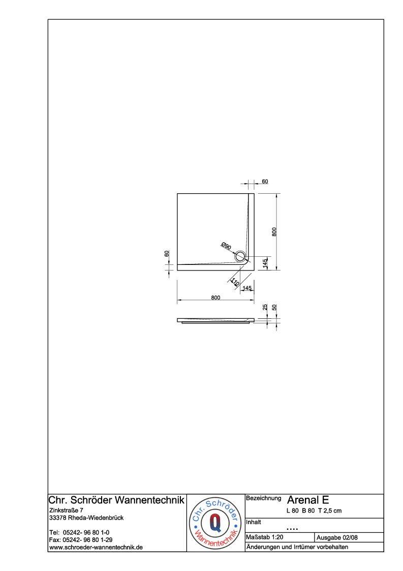 Schröder Viereck Duschwanne Arenal E 80x80x2,5 cm weiß