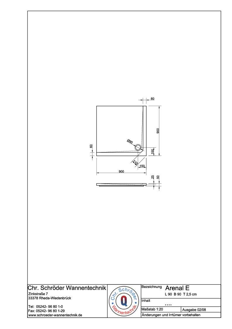 Schröder Viereck Duschwanne Arenal E 90x90x2,5 cm weiß