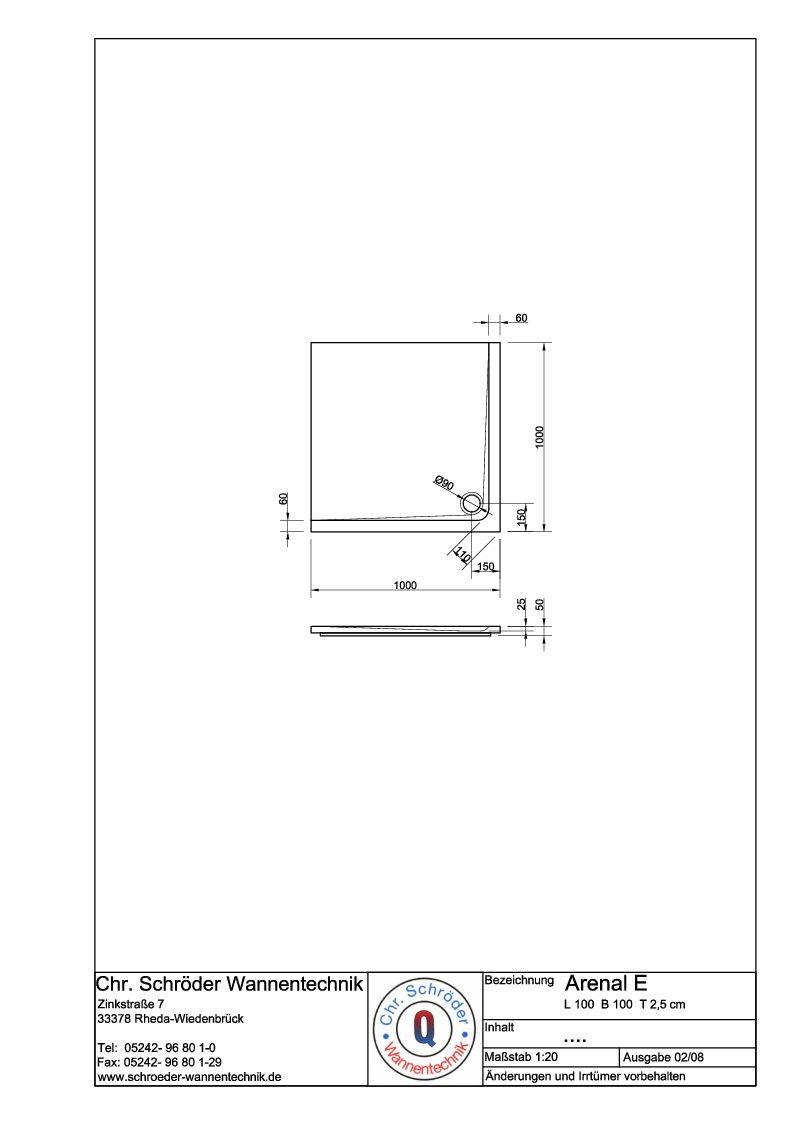 Schröder Viereck Duschwanne Arenal E 100x100x2,5 cm weiß