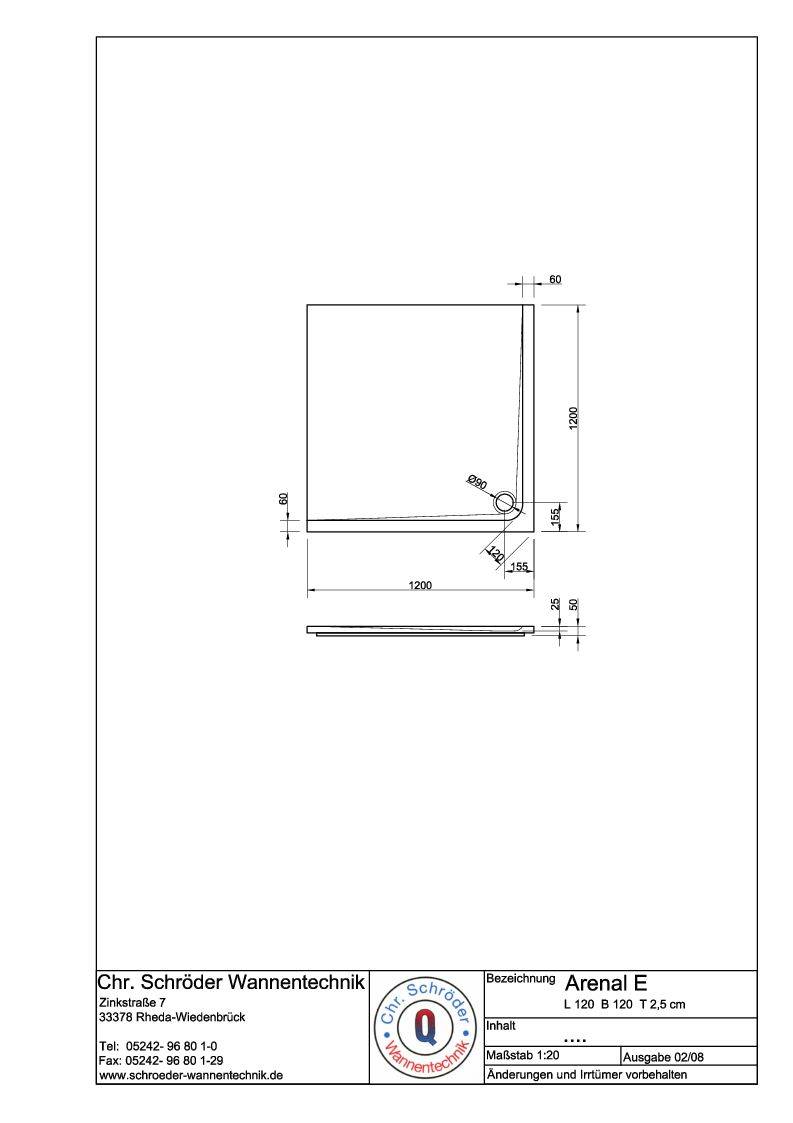 Schröder Viereck Duschwanne Arenal E 120x120x2,5 cm weiß