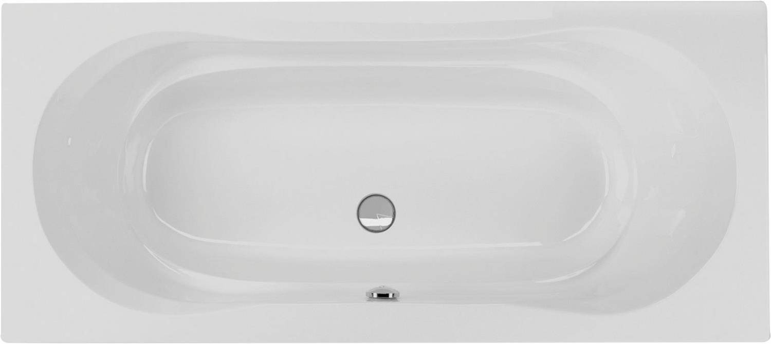 Draufsicht auf eine weiße ovale Badewanne mit integriertem Überlaufabfluss und zentralem Stöpsel, dargestellt isoliert auf einfachem Hintergrund.