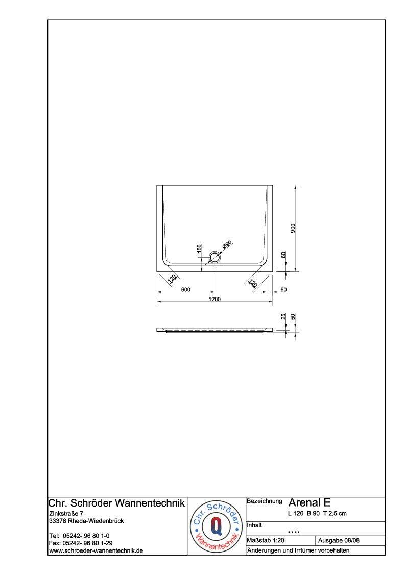 Schröder Rechteck Duschwanne Arenal E 120x90x2,5 cm weiß