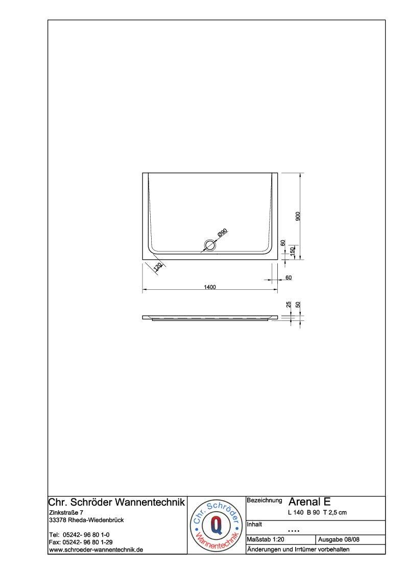 Schröder Rechteck Duschwanne Arenal E 140x90x2,5 cm weiß