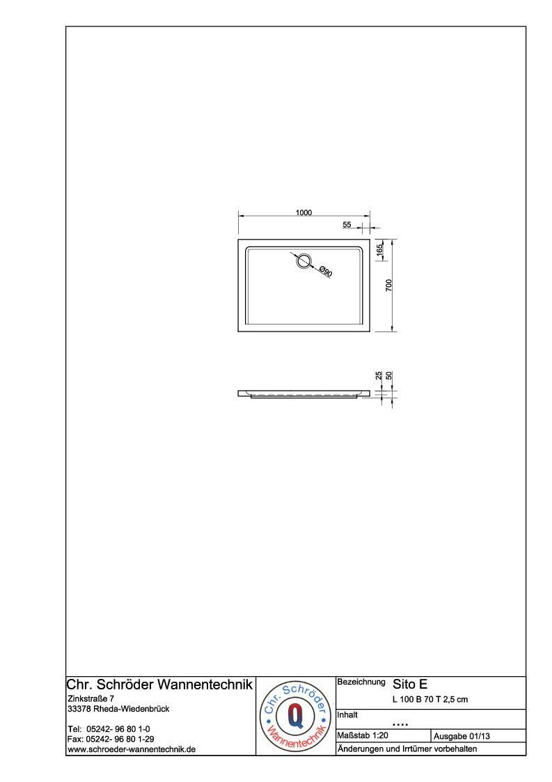 Schröder Rechteck Duschwanne Sito E 100x70x2,5 cm weiß