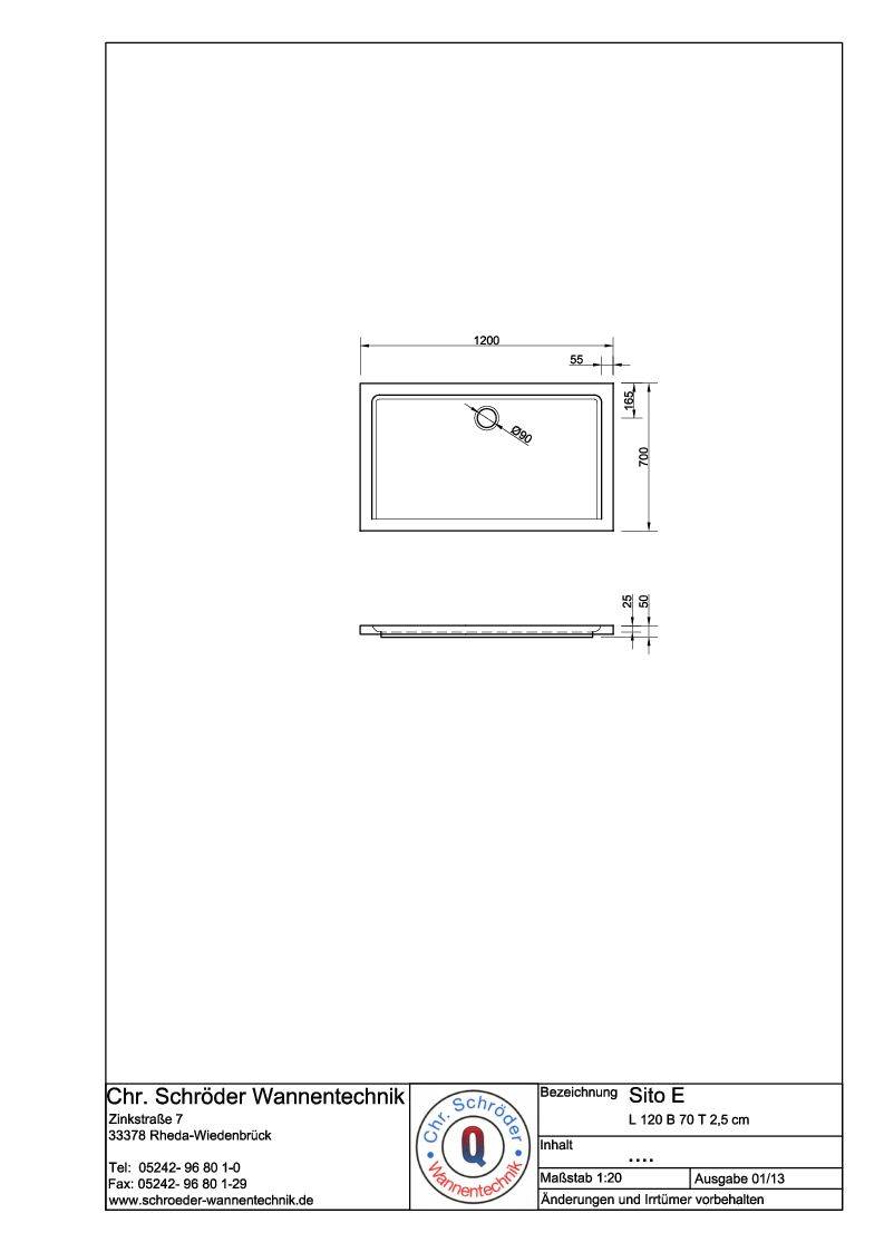Schröder Rechteck Duschwanne Sito E 120x70x2,5 cm weiß