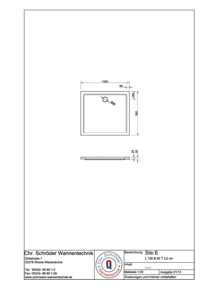 Schröder Rechteck Duschwanne Sito E 100x90x2,5 cm weiß