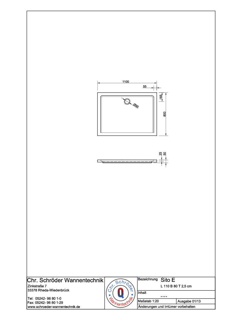 Schröder Rechteck Duschwanne Sito E 110x80x2,5 cm weiß