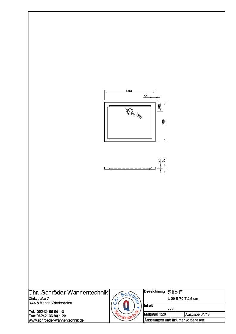 Schröder Rechteck Duschwanne Sito E 90x70x2,5 cm weiß