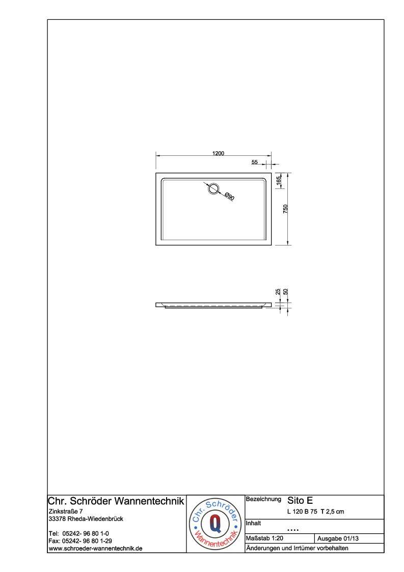 Schröder Rechteck Duschwanne Sito E 120x75x2,5 cm weiß