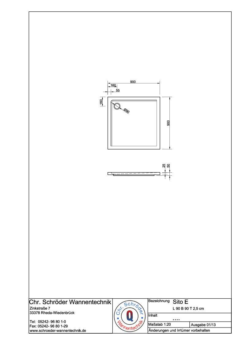 Schröder Viereck Duschwanne Sito E 90x90x2,5 cm weiß