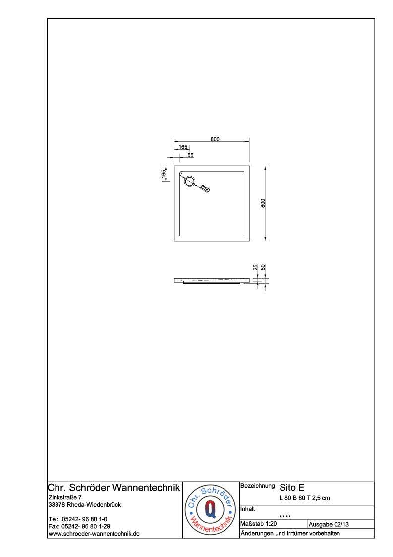 Schröder Viereck Duschwanne Sito E 80x80x2,5 cm weiß