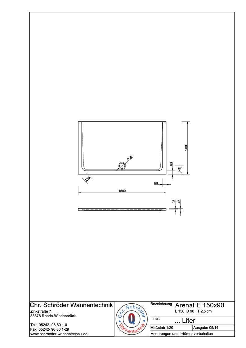 Schröder Rechteck Duschwanne Arenal E 150x90x2,5 cm weiß