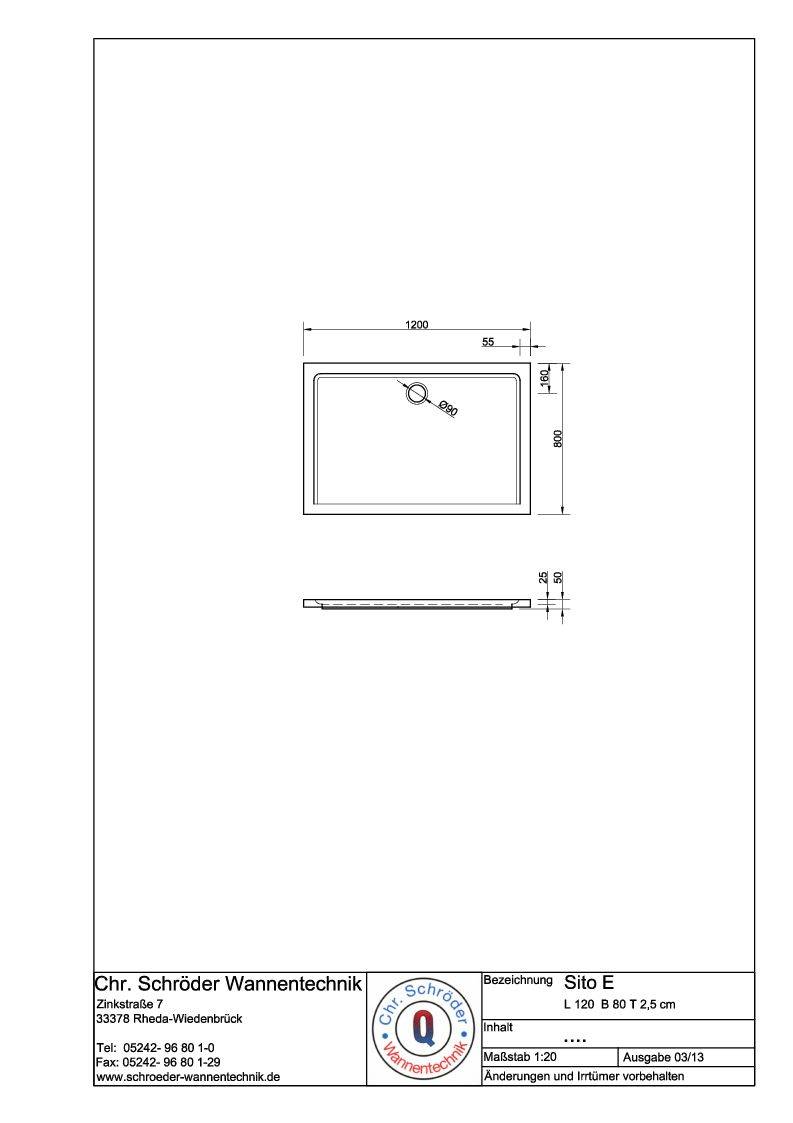 Schröder Rechteck Duschwanne Sito E 120x80x2,5 cm weiß