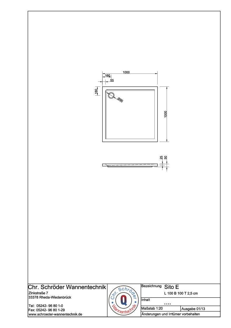 Schröder Viereck Duschwanne Sito E 100x100x2,5 cm weiß