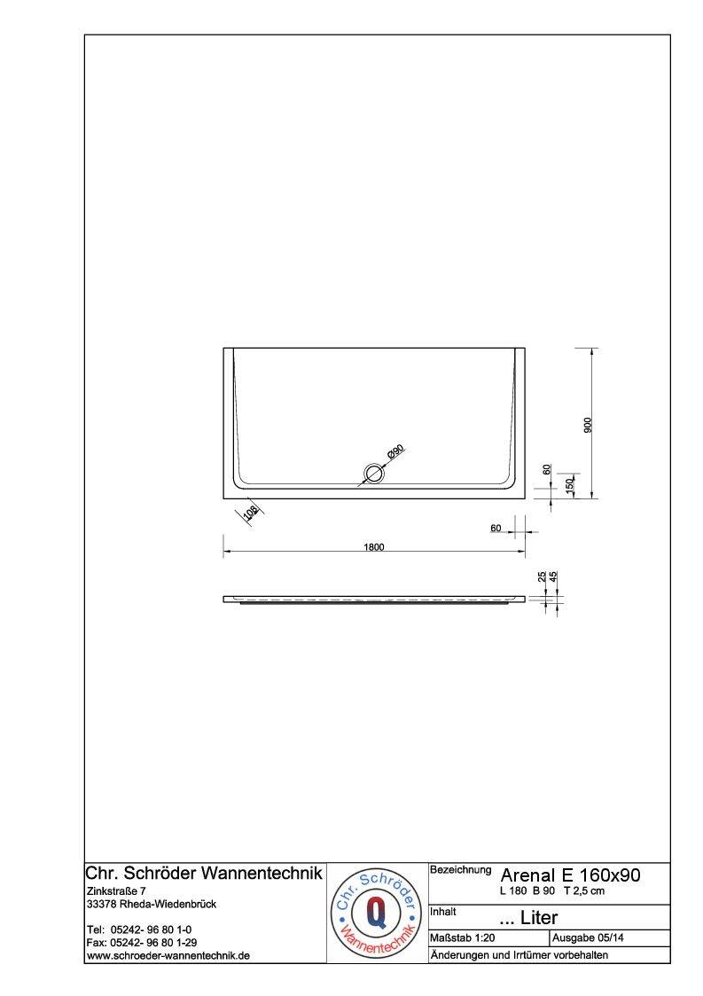 Schröder Rechteck Duschwanne Arenal E 180x90x2,5 cm weiß