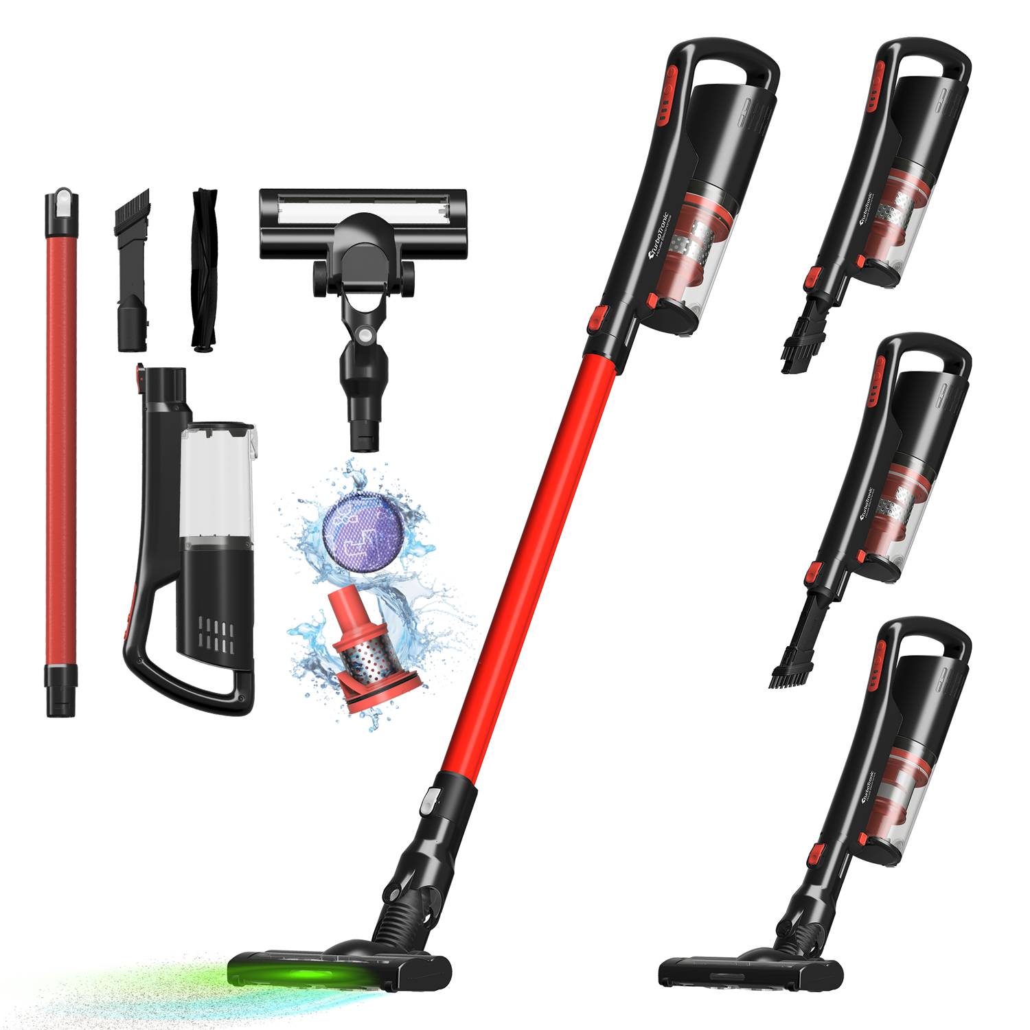 TurboTronic 120W Akku Staubsauger mit LASER-LED 11000 reale PA Saugkraft, 3 Stufen, 40 min Handstaubsauger Stiel Bodenstaubsauger beutellos