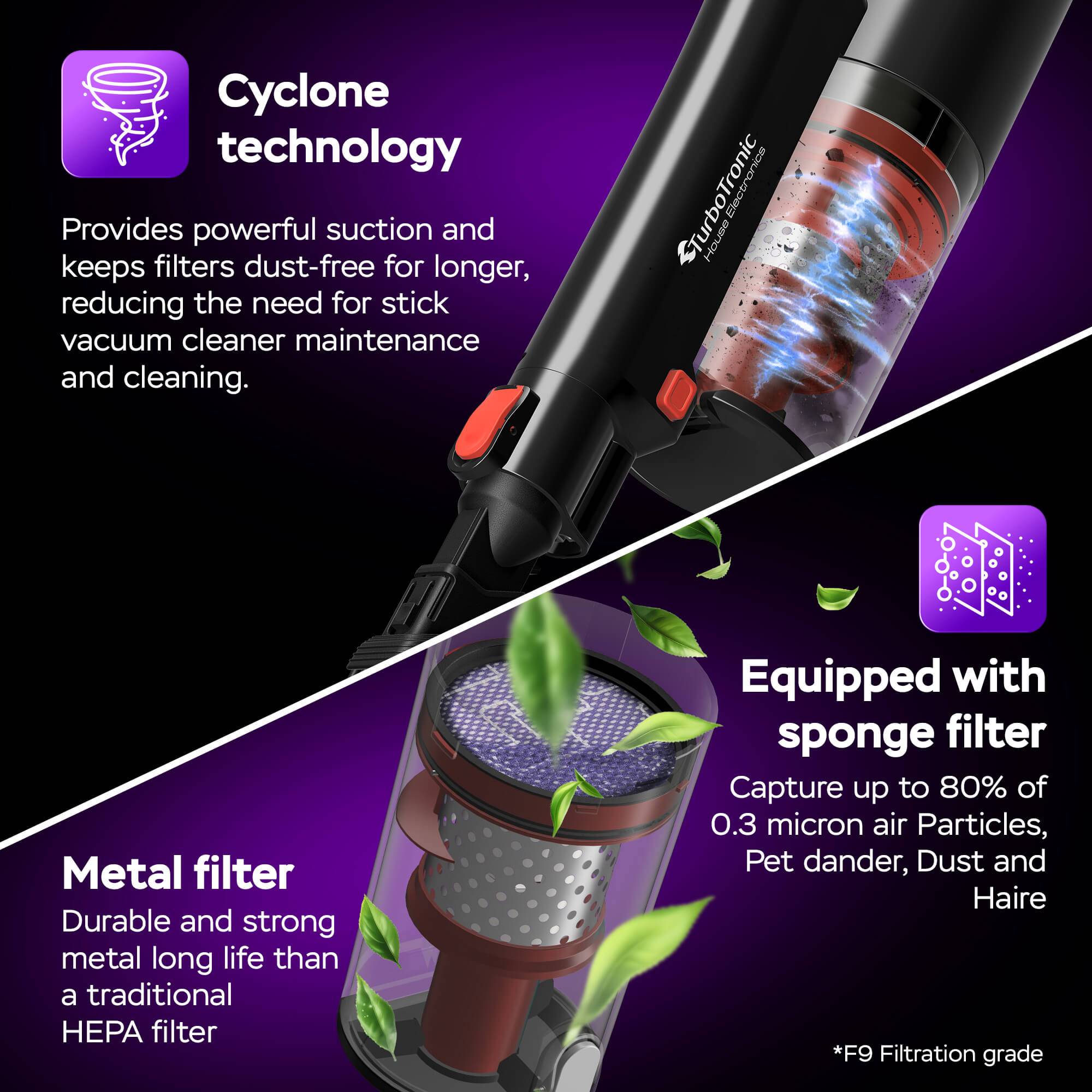 TurboTronic 120W Akku Staubsauger mit LASER-LED 11000 reale PA Saugkraft, 3 Stufen, 40 min Handstaubsauger Stiel Bodenstaubsauger beutellos
