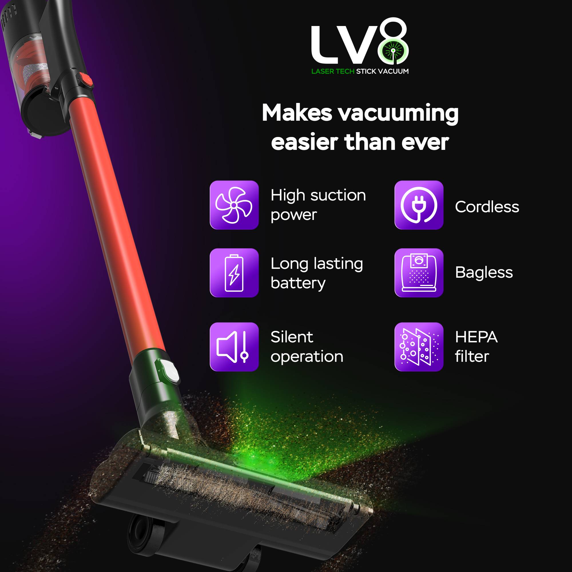 TurboTronic 120W Akku Staubsauger mit LASER-LED 11000 reale PA Saugkraft, 3 Stufen, 40 min Handstaubsauger Stiel Bodenstaubsauger beutellos