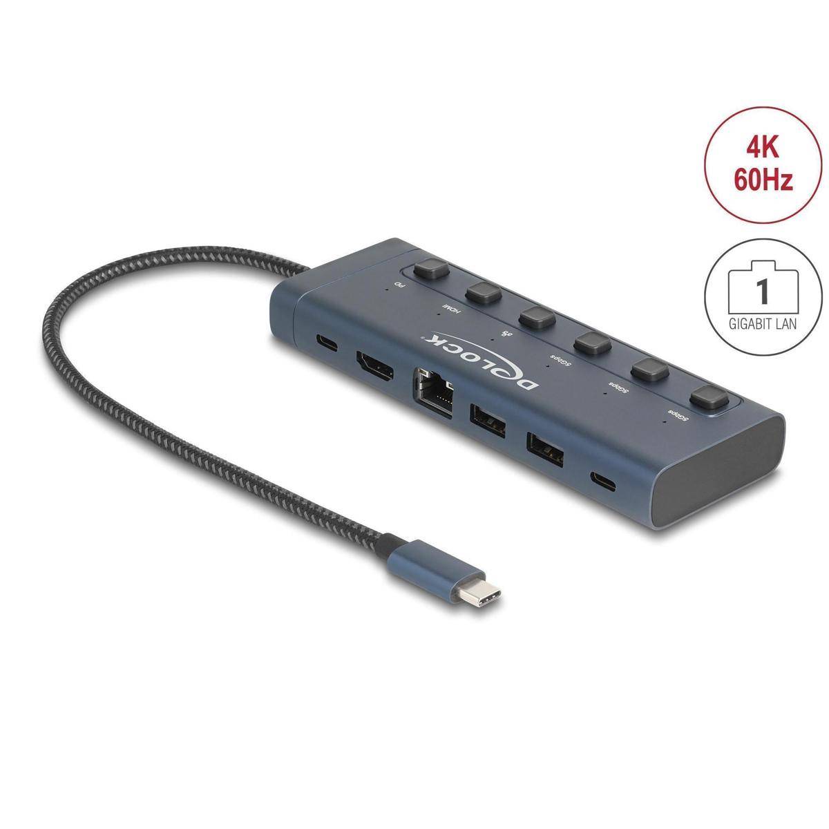 Delock USB-C Dockingstation/Hub mit angeschlossenem Kabel, mehreren Anschlüssen und Tasten; Symbole zeigen 4K 60Hz und 1-Gigabit-LAN-Unterstützung.