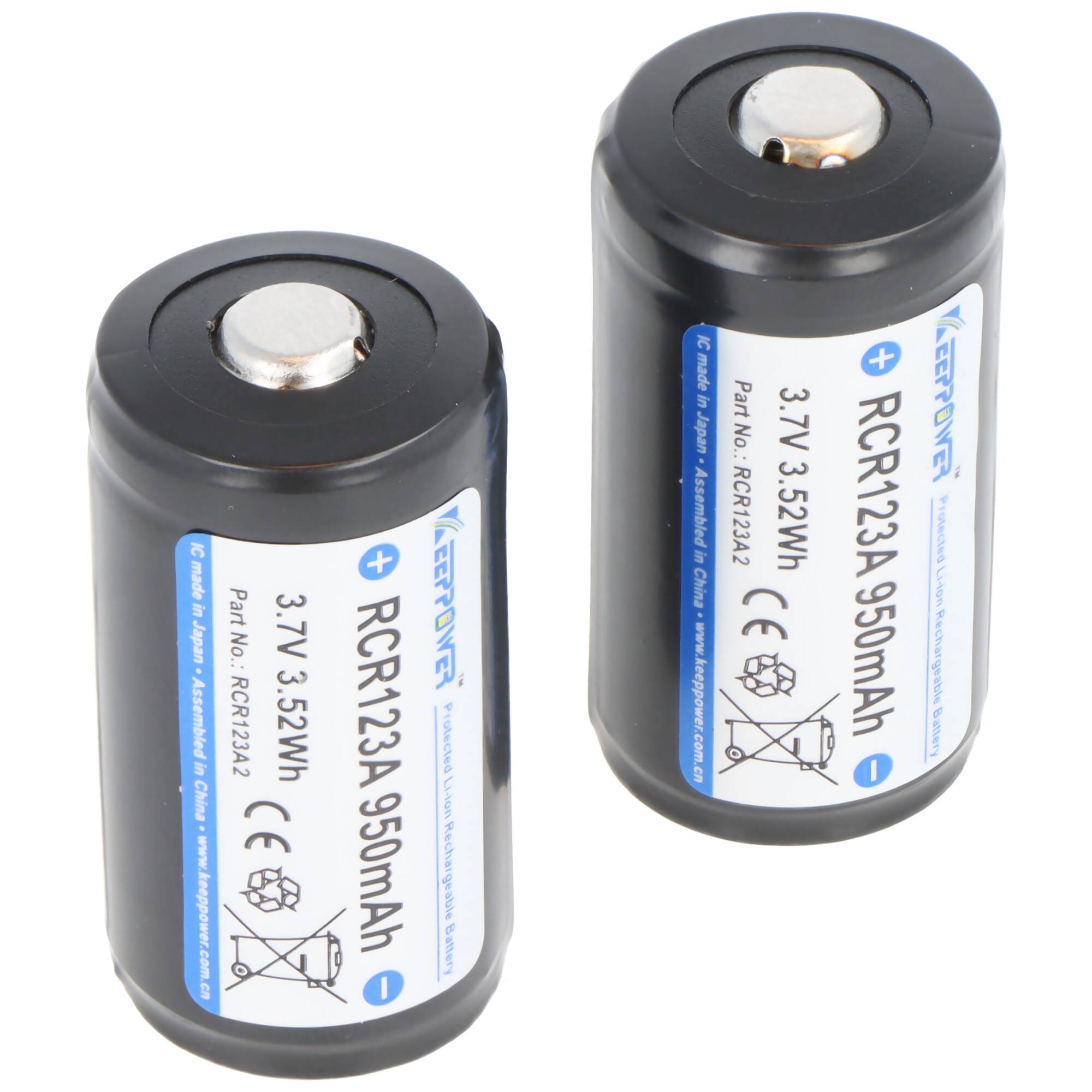 2 Stück KEEPPOWER Protected 16340, Aufladbar, Li-Ion Akku, 3,7V, 950mAh, 3,52Wh, mit Aufbewahrungsbox