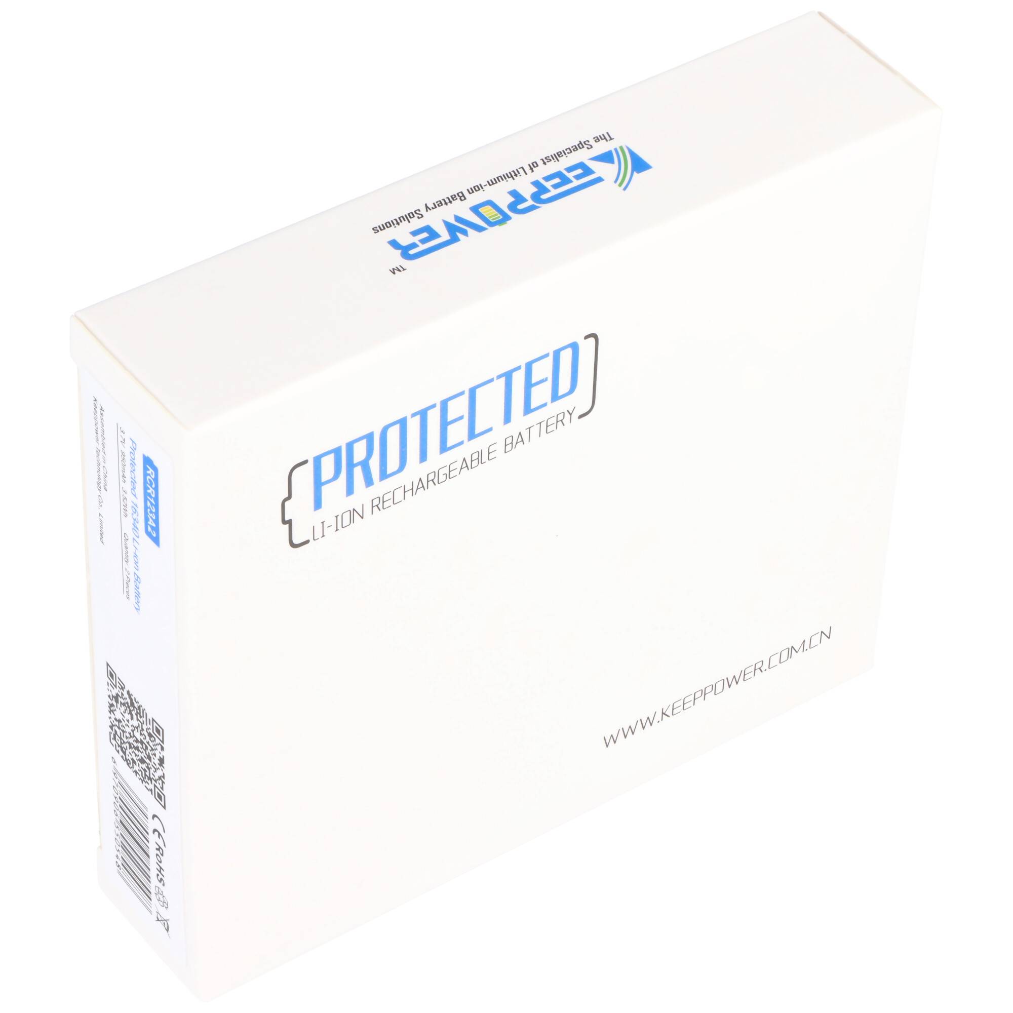 2 Stück KEEPPOWER Protected 16340, Aufladbar, Li-Ion Akku, 3,7V, 950mAh, 3,52Wh, mit Aufbewahrungsbox