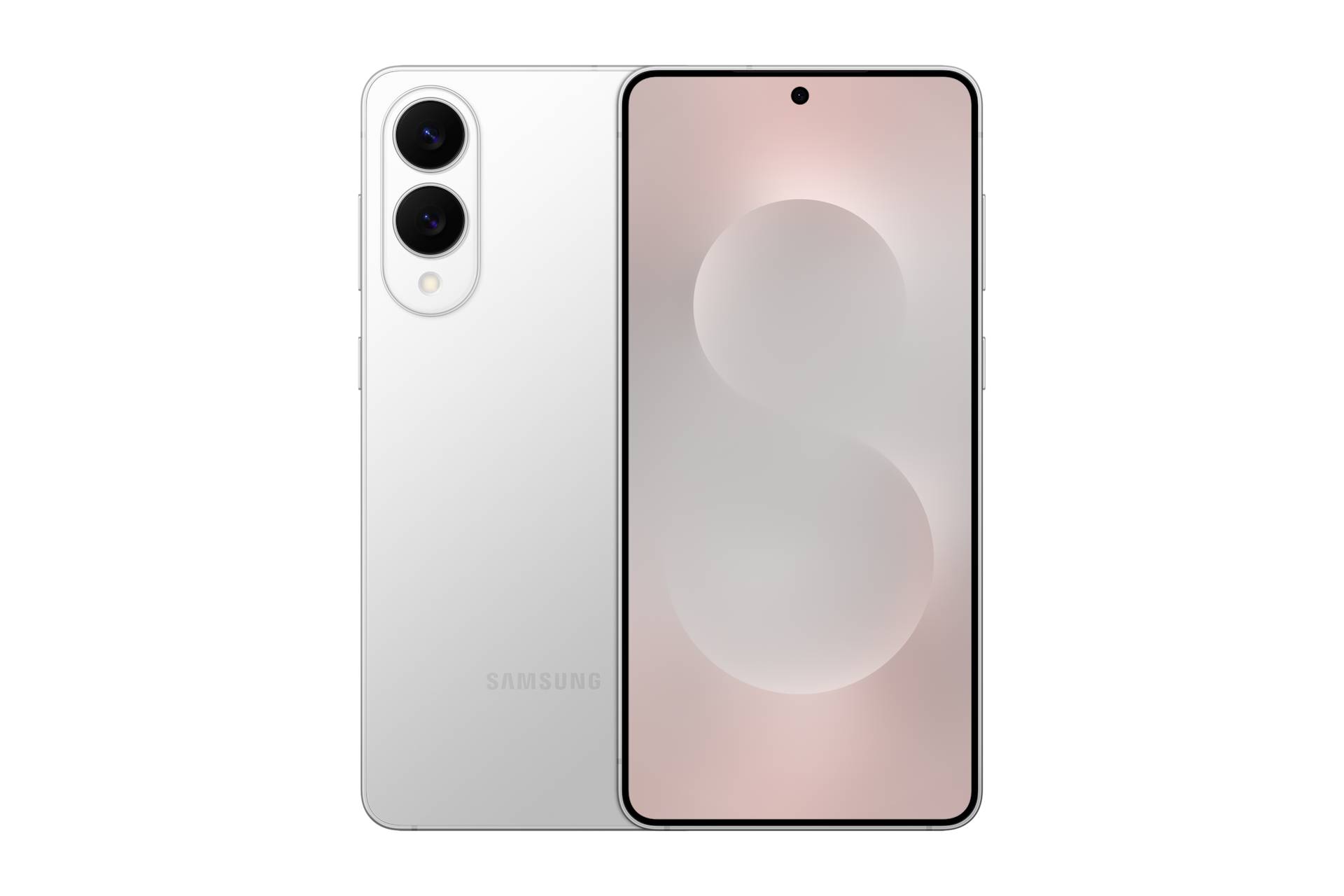 Vorder- und Rückansicht eines weißen Samsung-Smartphones mit Dual-Rückkameras und einem zentrierten Loch-Display auf schwarzem Hintergrund